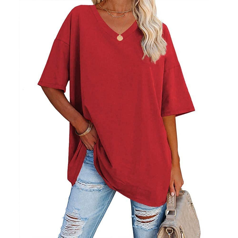 Famulily Women's Summer Casual V Neck Half Sleeve T Shirt Ladies Short Sleeve Oversized Baseball Tshirts Tunic Tops