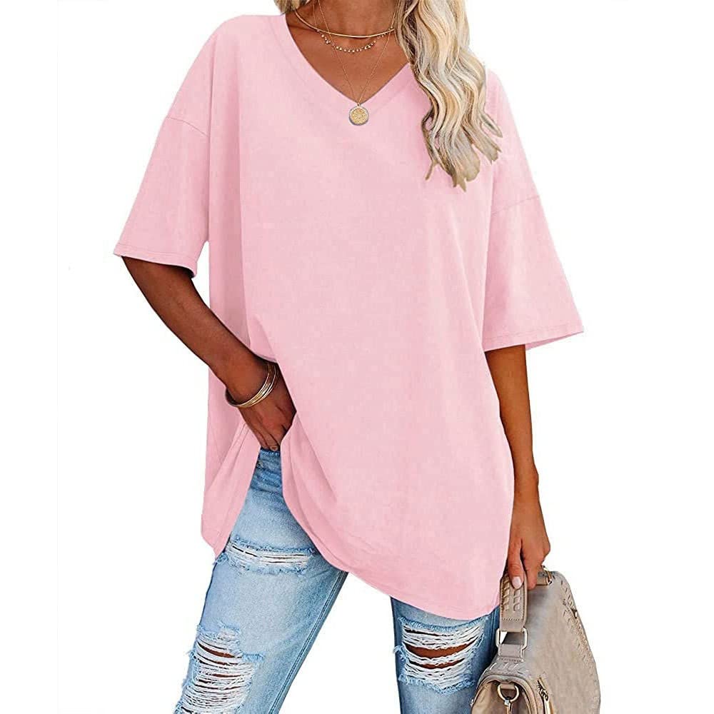 Famulily Women's Summer Casual V Neck Half Sleeve T Shirt Ladies Short Sleeve Oversized Baseball Tshirts Tunic Tops