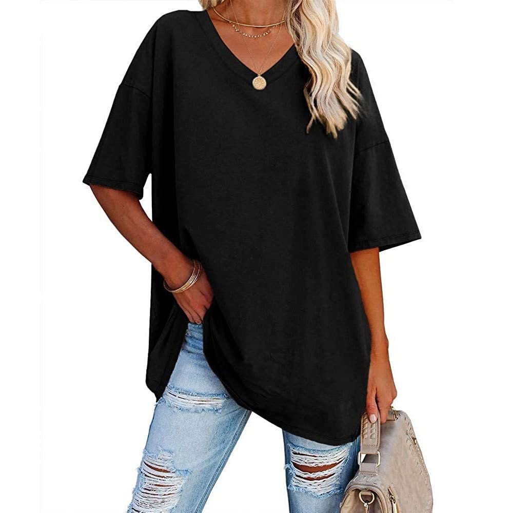 Famulily Women's Summer Casual V Neck Half Sleeve T Shirt Ladies Short Sleeve Oversized Baseball Tshirts Tunic Tops