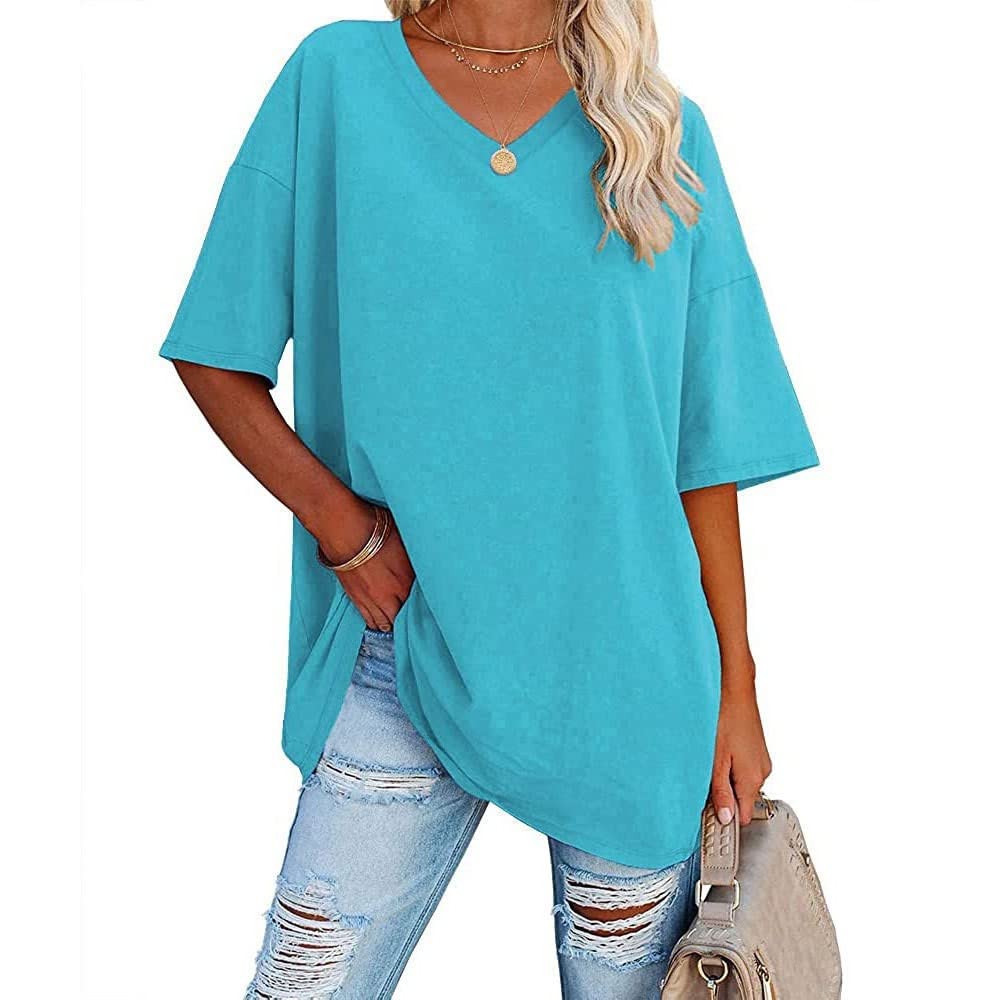 Famulily Women's Summer Casual V Neck Half Sleeve T Shirt Ladies Short Sleeve Oversized Baseball Tshirts Tunic Tops