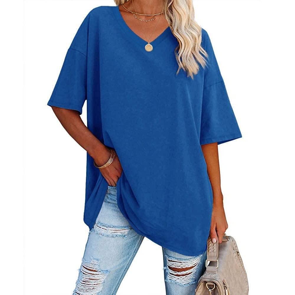 Famulily Women's Summer Casual V Neck Half Sleeve T Shirt Ladies Short Sleeve Oversized Baseball Tshirts Tunic Tops