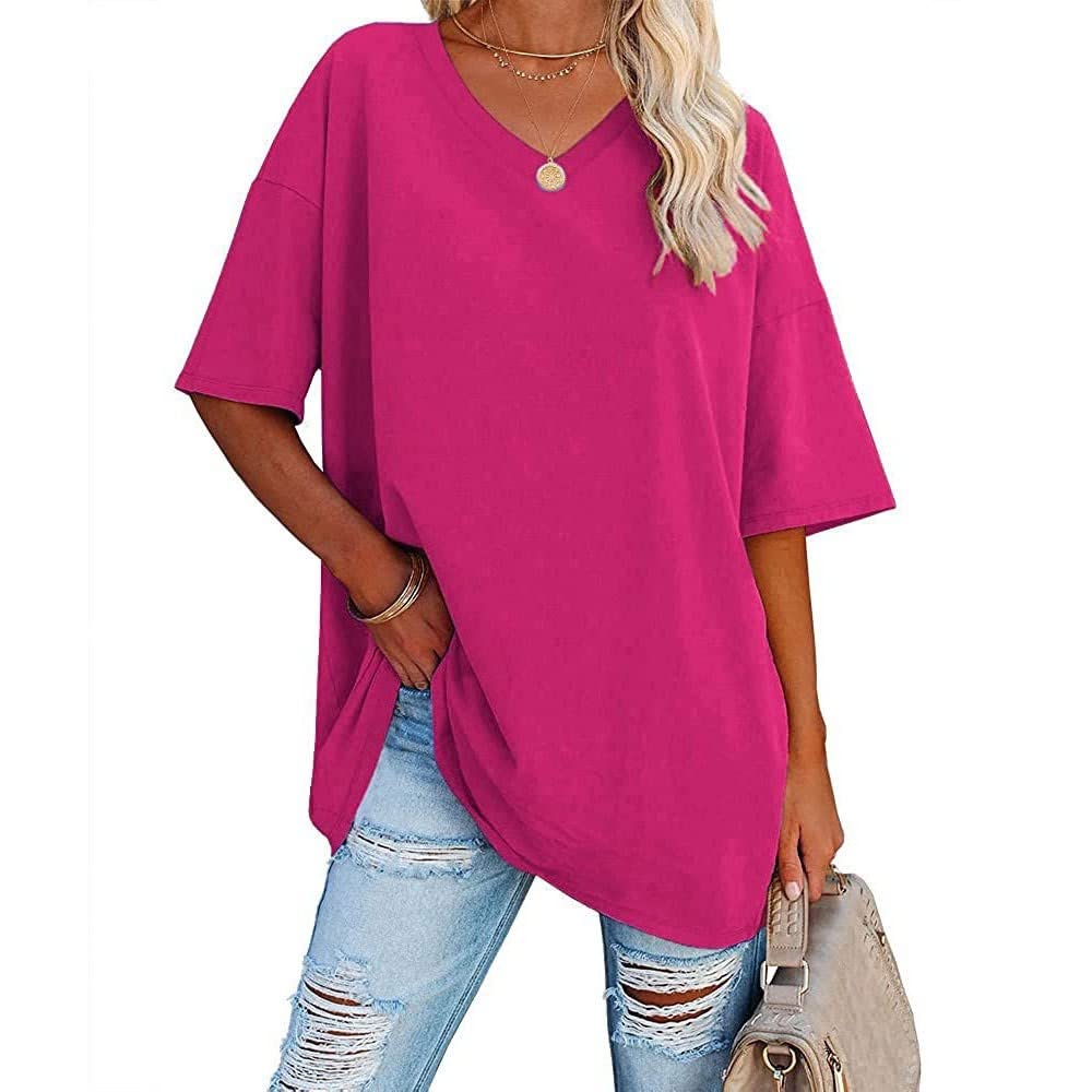 Famulily Women's Summer Casual V Neck Half Sleeve T Shirt Ladies Short Sleeve Oversized Baseball Tshirts Tunic Tops