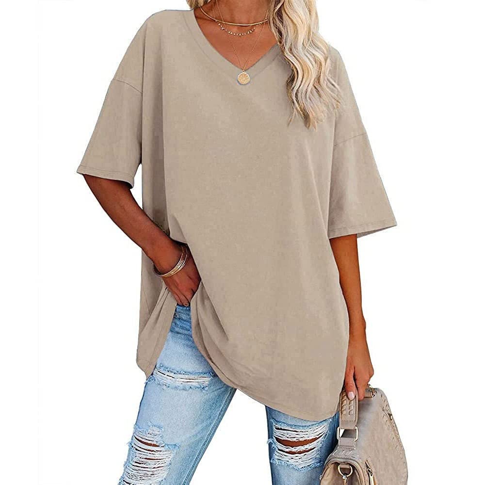 Famulily Women's Summer Casual V Neck Half Sleeve T Shirt Ladies Short Sleeve Oversized Baseball Tshirts Tunic Tops
