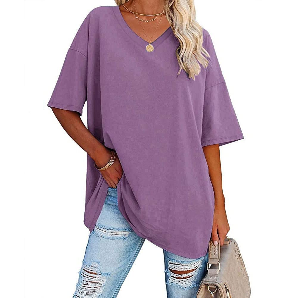 Famulily Women's Summer Casual V Neck Half Sleeve T Shirt Ladies Short Sleeve Oversized Baseball Tshirts Tunic Tops