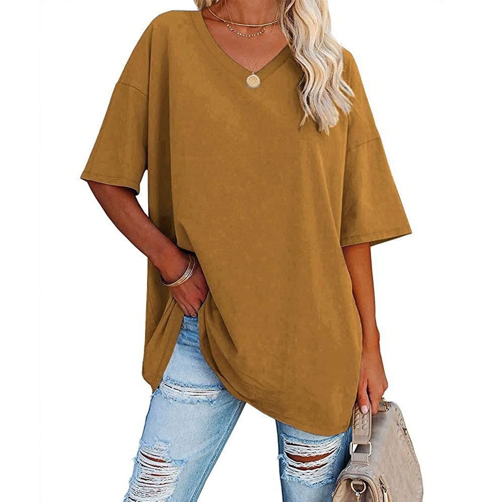 Famulily Women's Summer Casual V Neck Half Sleeve T Shirt Ladies Short Sleeve Oversized Baseball Tshirts Tunic Tops