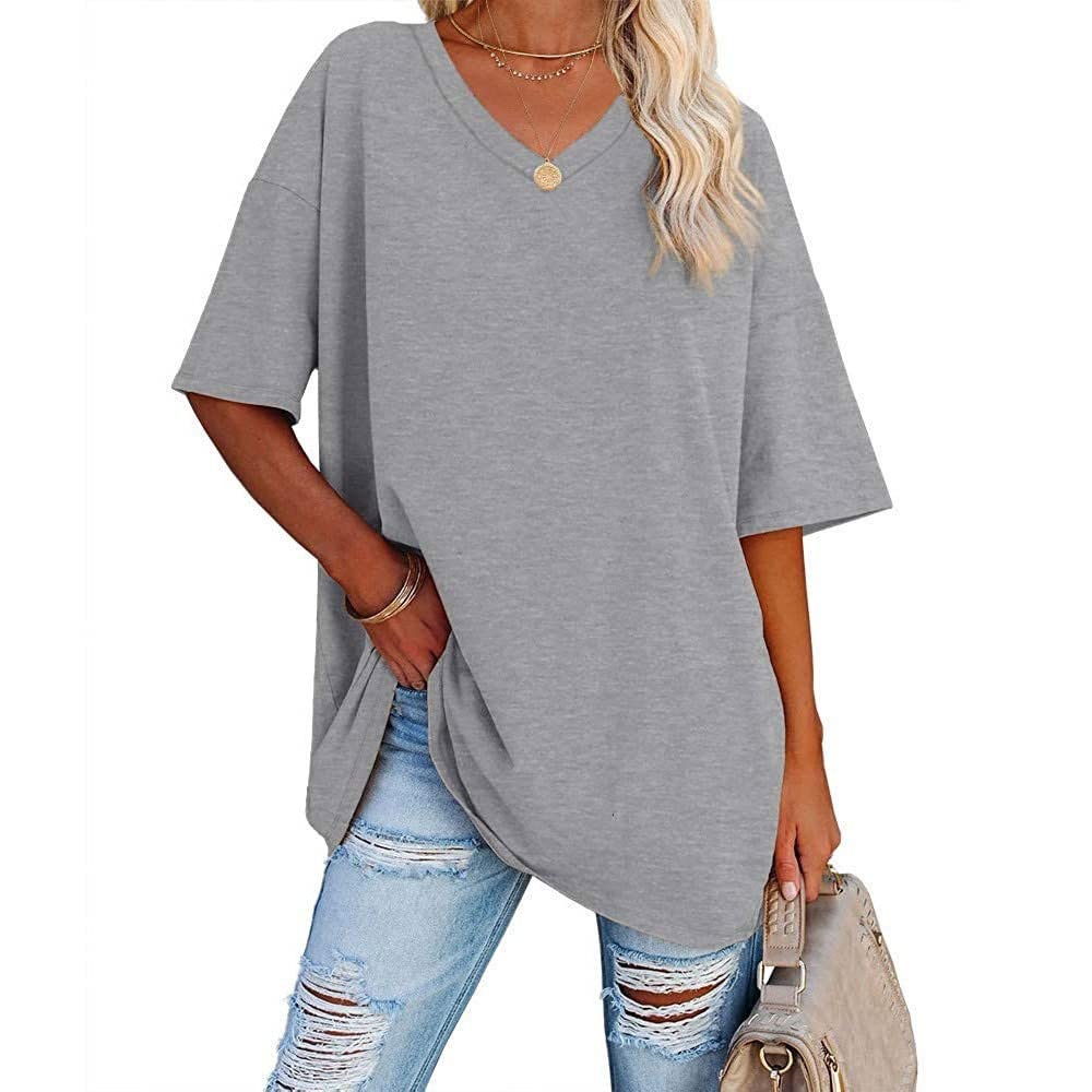 Famulily Women's Summer Casual V Neck Half Sleeve T Shirt Ladies Short Sleeve Oversized Baseball Tshirts Tunic Tops
