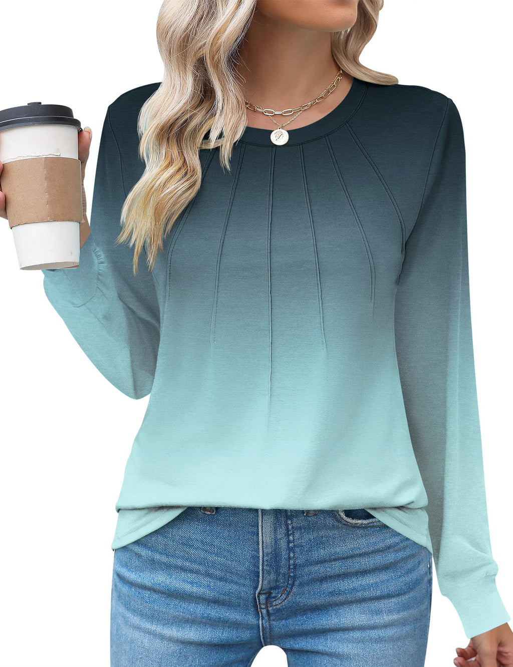 Rapbin Womens Casual Short Sleeve T-Shirts Crew Neck Pleated Tops Fashion Dressy Tunic Blouses
