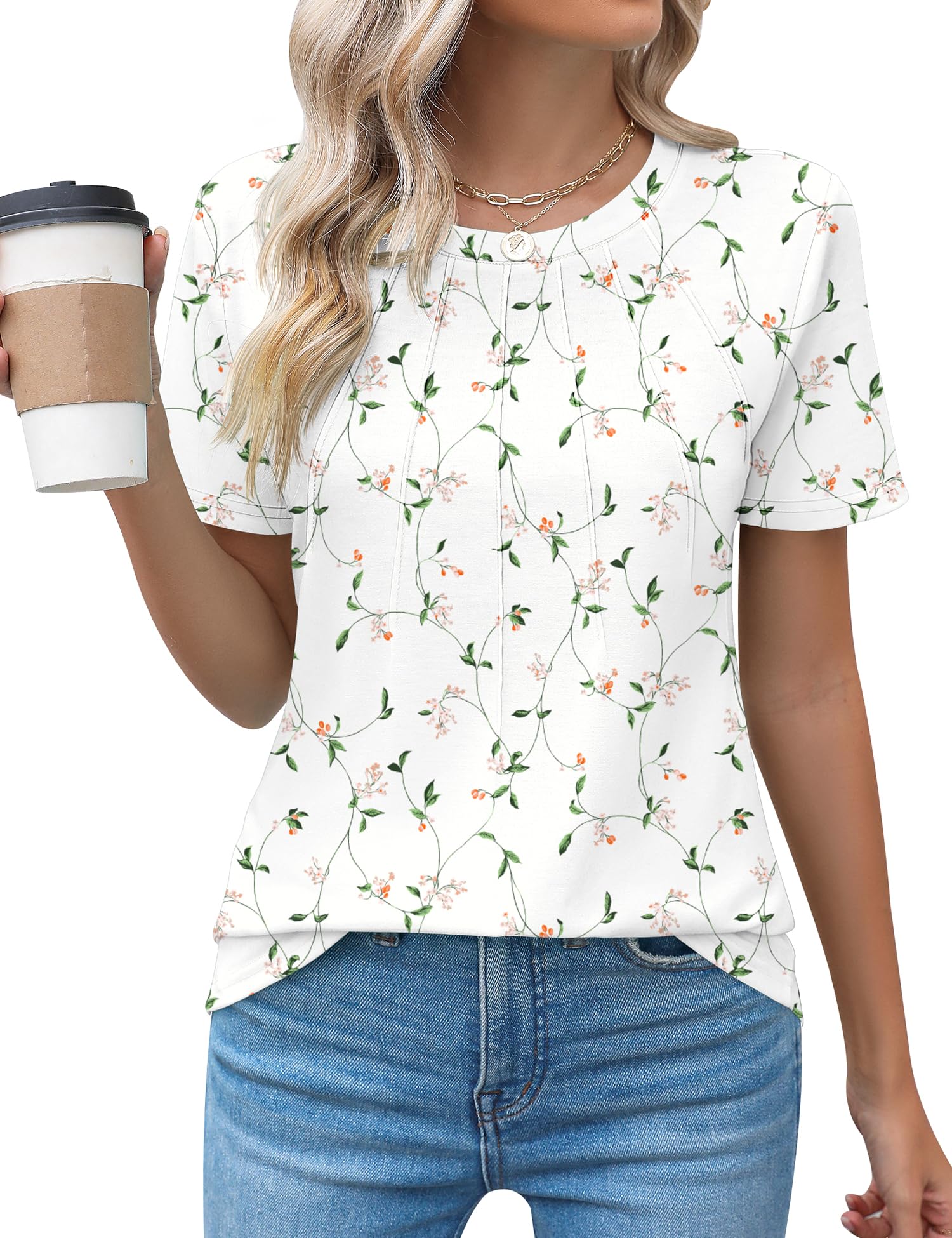 Rapbin Womens Casual Short Sleeve T-Shirts Crew Neck Pleated Tops Fashion Dressy Tunic Blouses
