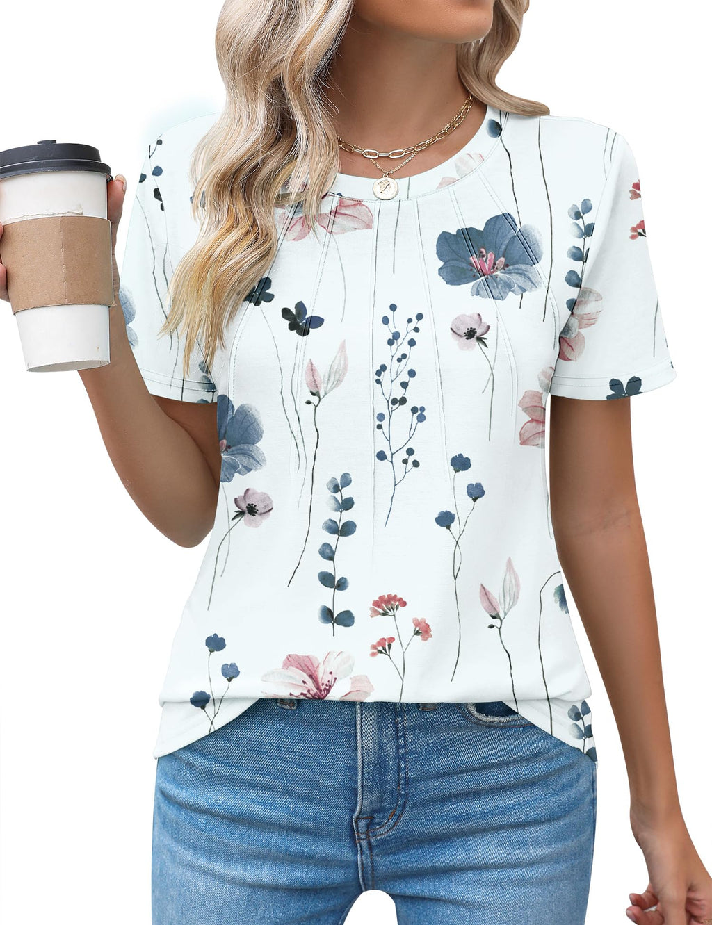 Rapbin Womens Casual Short Sleeve T-Shirts Crew Neck Pleated Tops Fashion Dressy Tunic Blouses