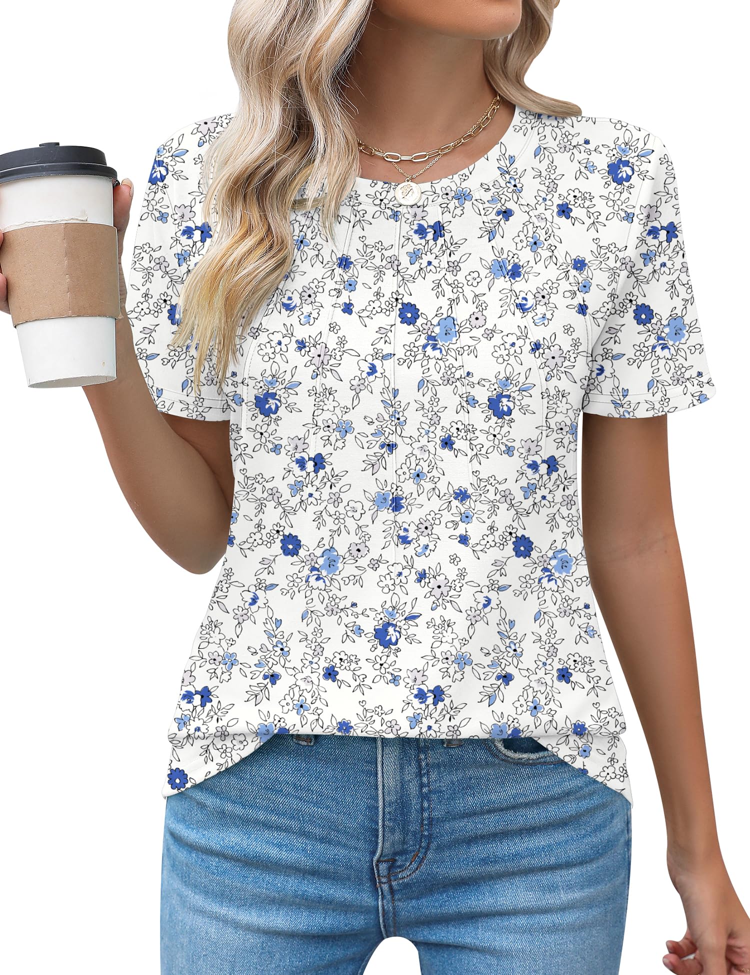 Rapbin Womens Casual Short Sleeve T-Shirts Crew Neck Pleated Tops Fashion Dressy Tunic Blouses