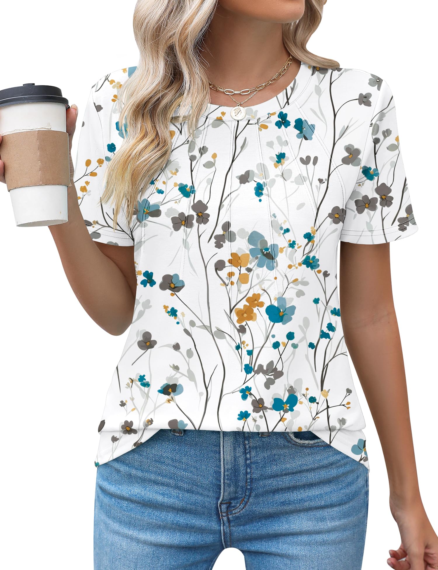 Rapbin Womens Casual Short Sleeve T-Shirts Crew Neck Pleated Tops Fashion Dressy Tunic Blouses