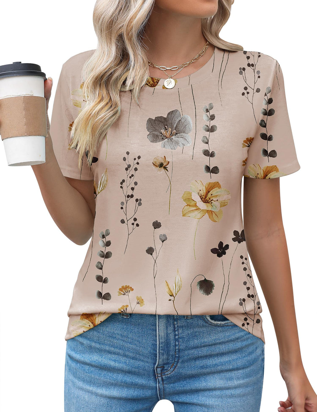 Rapbin Womens Casual Short Sleeve T-Shirts Crew Neck Pleated Tops Fashion Dressy Tunic Blouses
