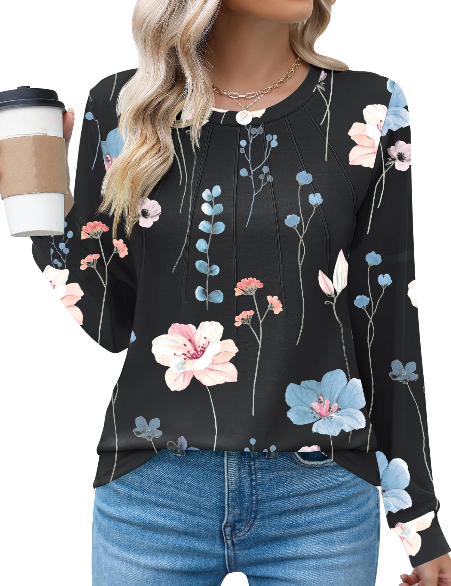 Rapbin Womens Casual Short Sleeve T-Shirts Crew Neck Pleated Tops Fashion Dressy Tunic Blouses