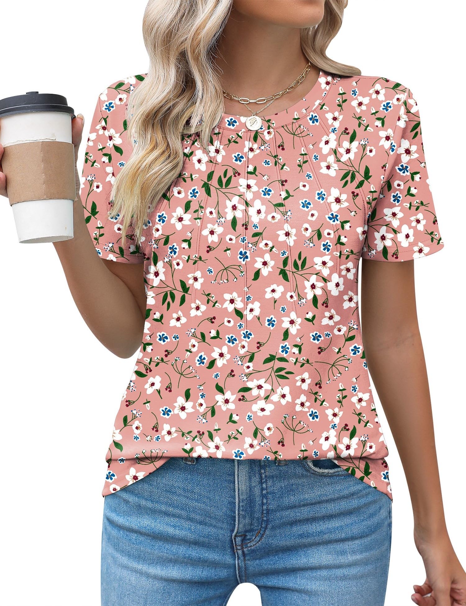 Rapbin Womens Casual Short Sleeve T-Shirts Crew Neck Pleated Tops Fashion Dressy Tunic Blouses