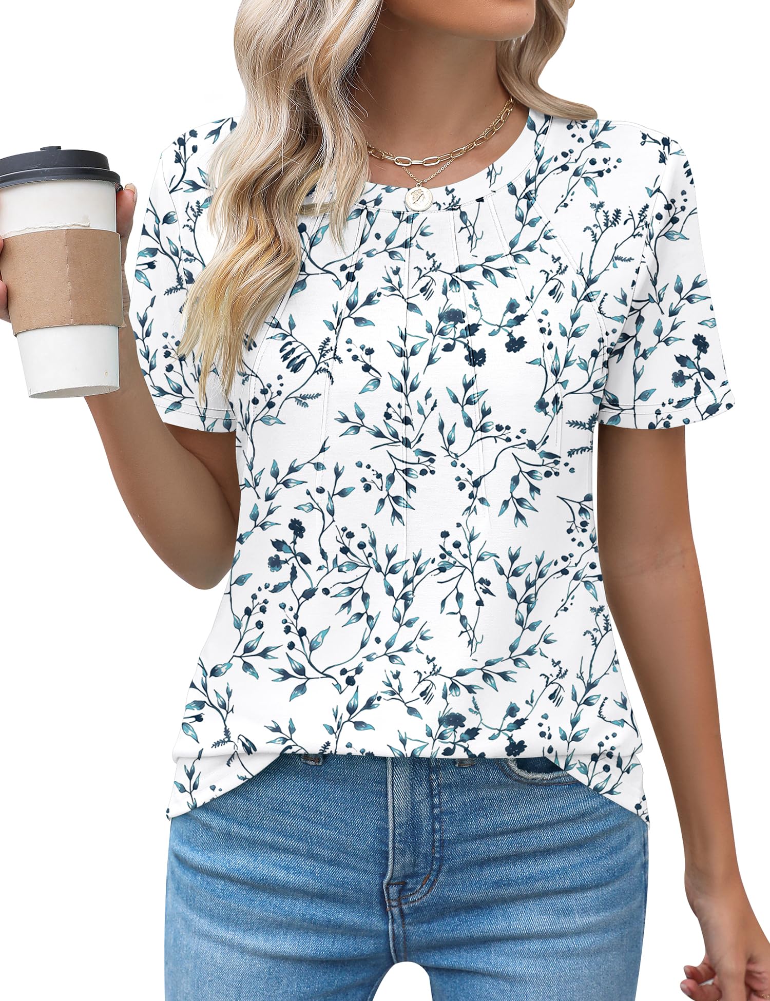 Rapbin Womens Casual Short Sleeve T-Shirts Crew Neck Pleated Tops Fashion Dressy Tunic Blouses