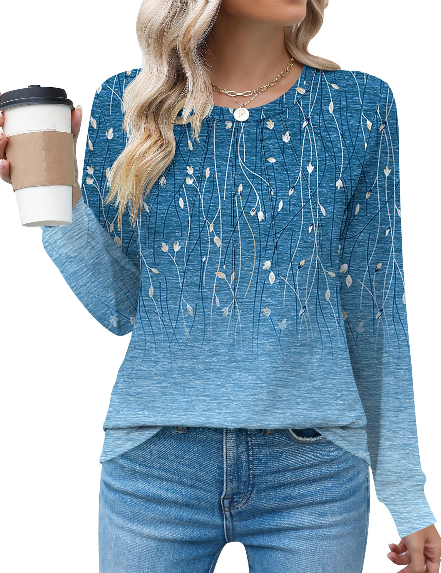 Rapbin Womens Casual Short Sleeve T-Shirts Crew Neck Pleated Tops Fashion Dressy Tunic Blouses