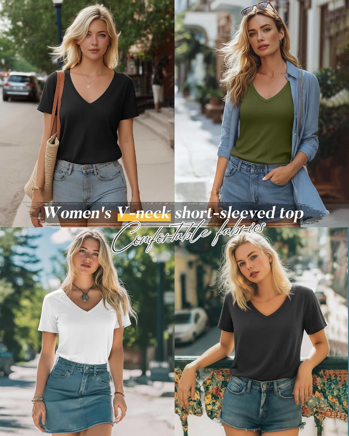 Neer 4 Pack Women's V Neck T-Shirts Short Sleeve Summer Casual Tops Loose Fit Flat Hem Plain Basic Tees