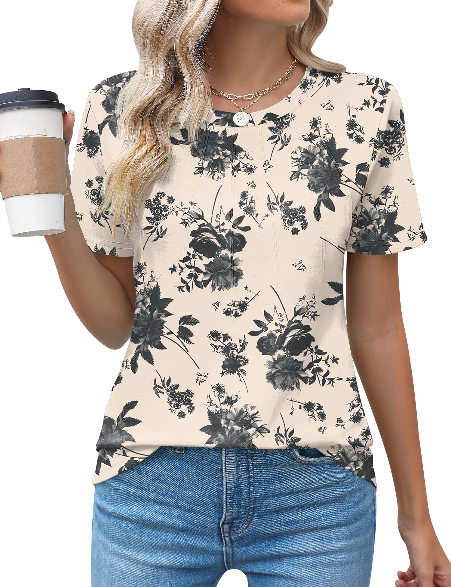 Rapbin Womens Casual Short Sleeve T-Shirts Crew Neck Pleated Tops Fashion Dressy Tunic Blouses