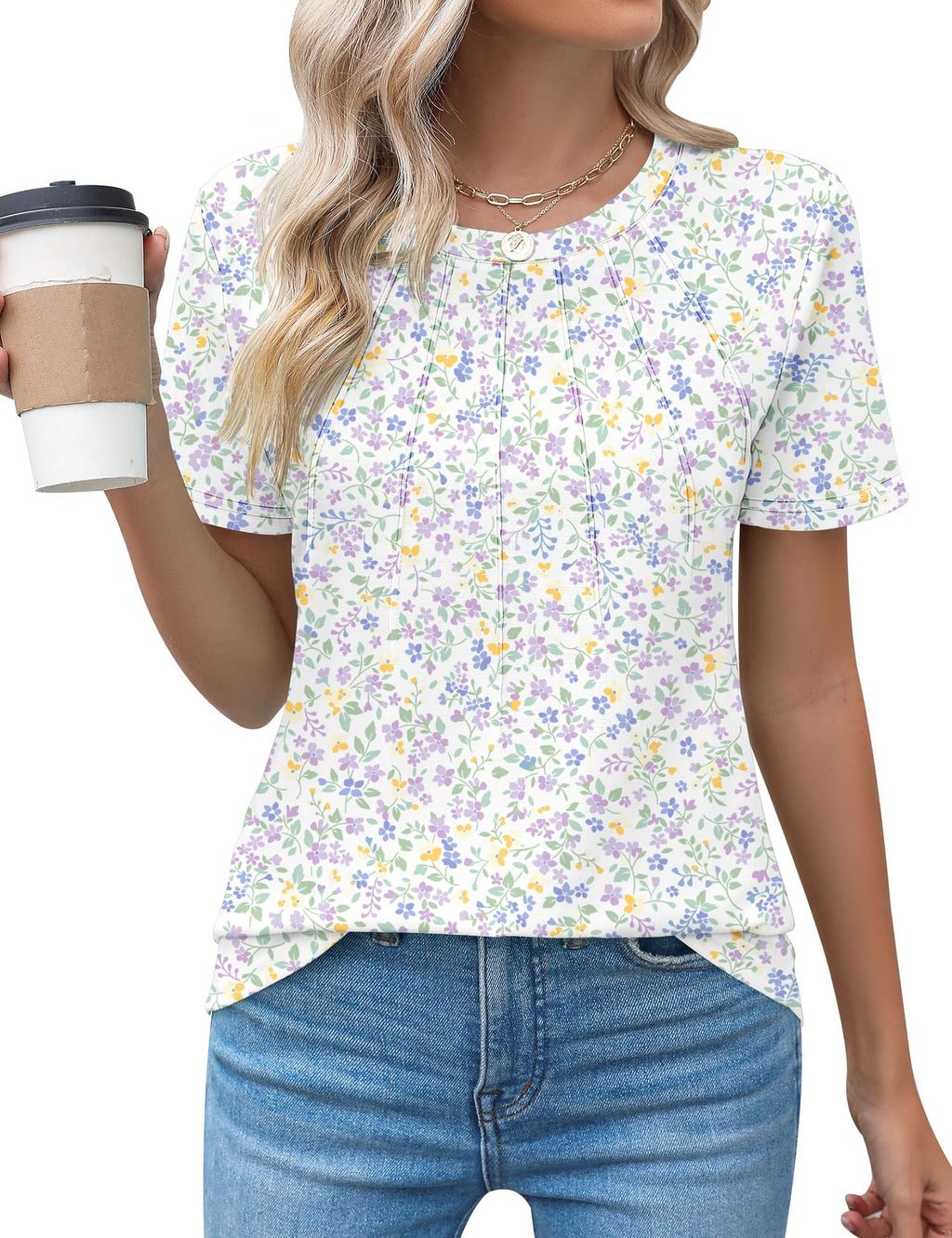 Rapbin Womens Casual Short Sleeve T-Shirts Crew Neck Pleated Tops Fashion Dressy Tunic Blouses