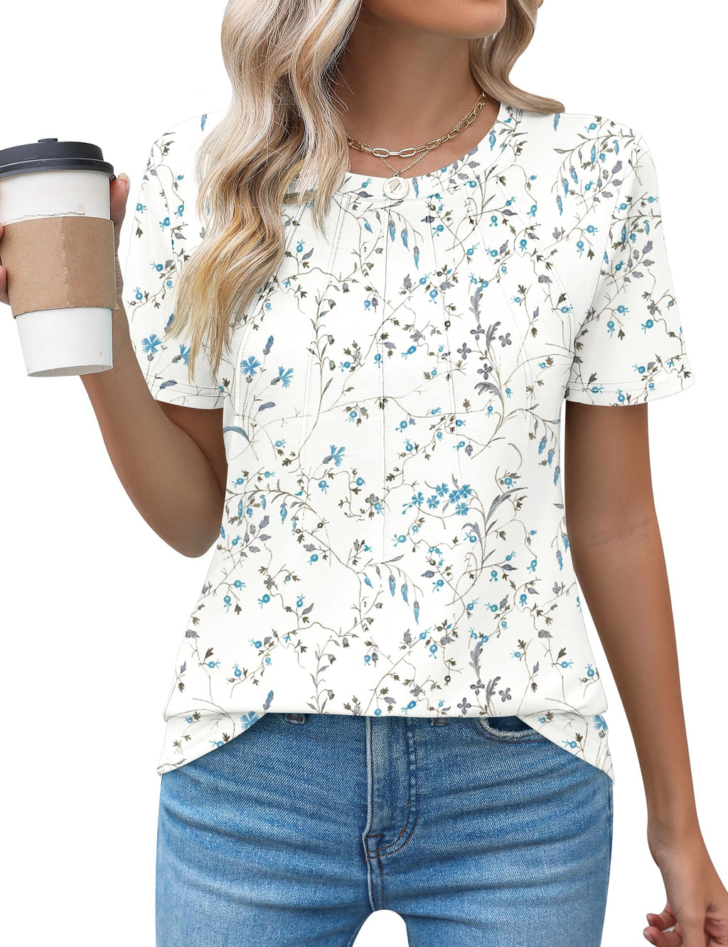 Rapbin Womens Casual Short Sleeve T-Shirts Crew Neck Pleated Tops Fashion Dressy Tunic Blouses