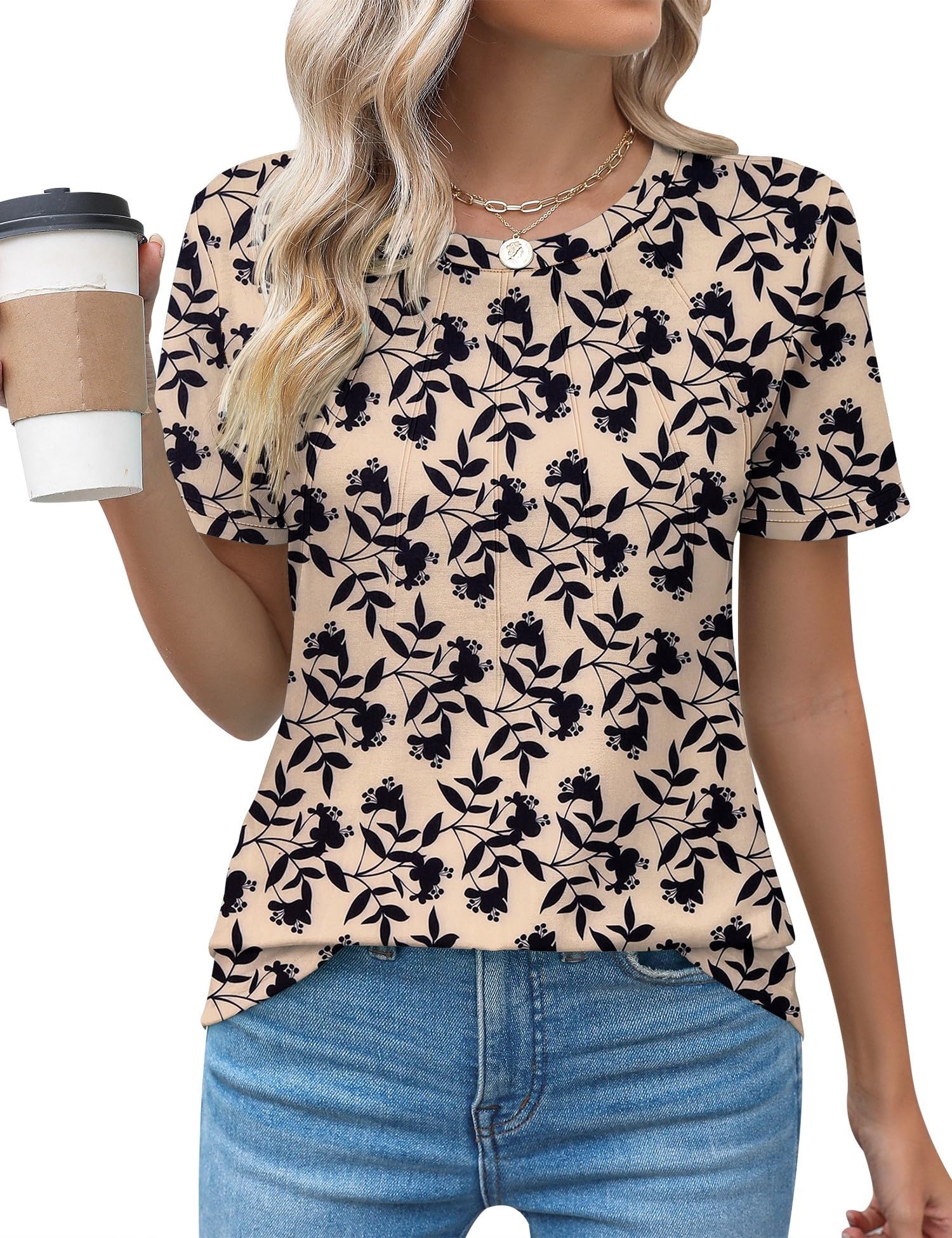 Rapbin Womens Casual Short Sleeve T-Shirts Crew Neck Pleated Tops Fashion Dressy Tunic Blouses