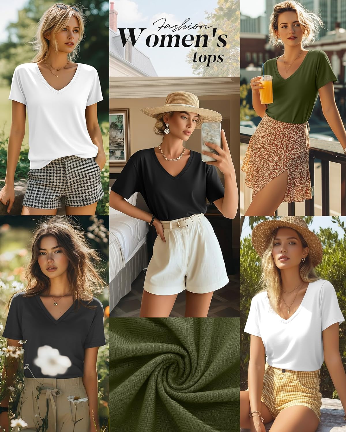 Neer 4 Pack Women's V Neck T-Shirts Short Sleeve Summer Casual Tops Loose Fit Flat Hem Plain Basic Tees