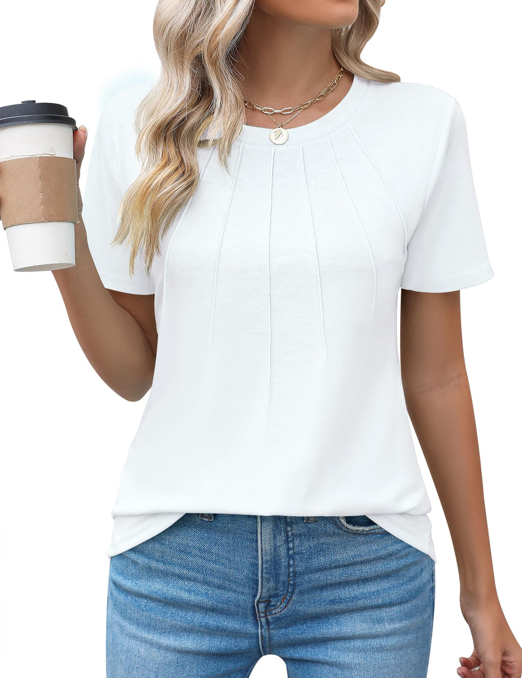 Rapbin Womens Casual Short Sleeve T-Shirts Crew Neck Pleated Tops Fashion Dressy Tunic Blouses