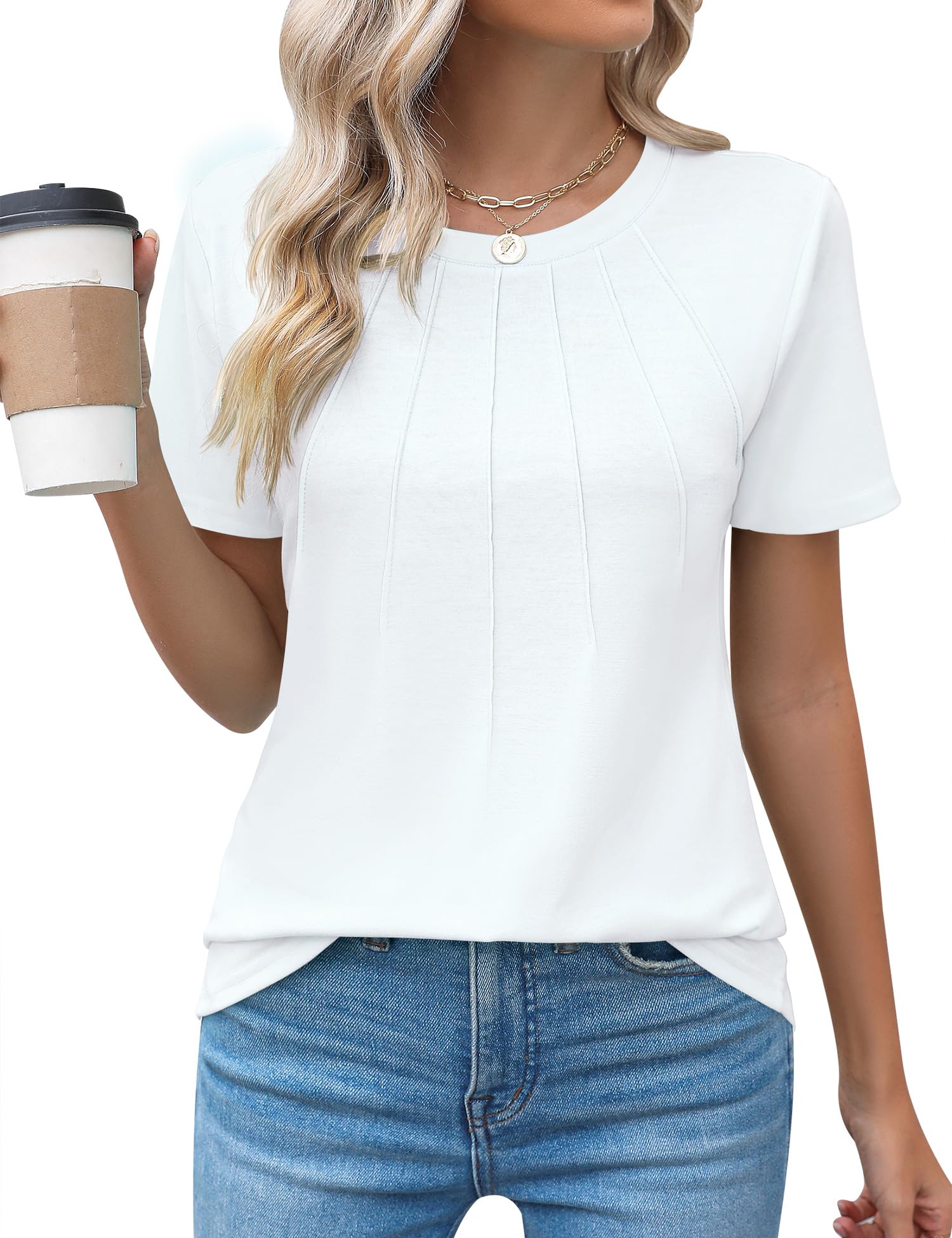 Rapbin Womens Casual Short Sleeve T-Shirts Crew Neck Pleated Tops Fashion Dressy Tunic Blouses