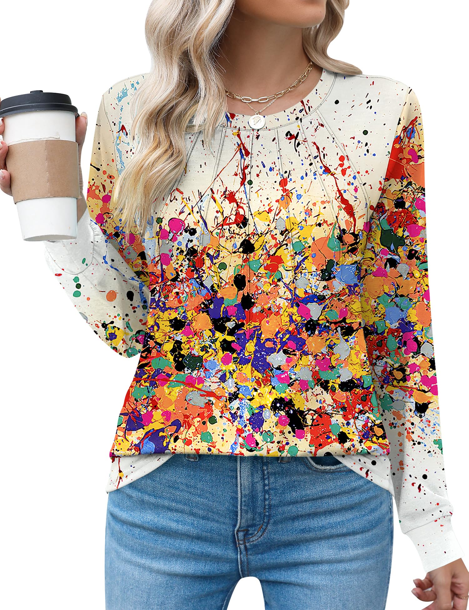 Rapbin Womens Casual Short Sleeve T-Shirts Crew Neck Pleated Tops Fashion Dressy Tunic Blouses