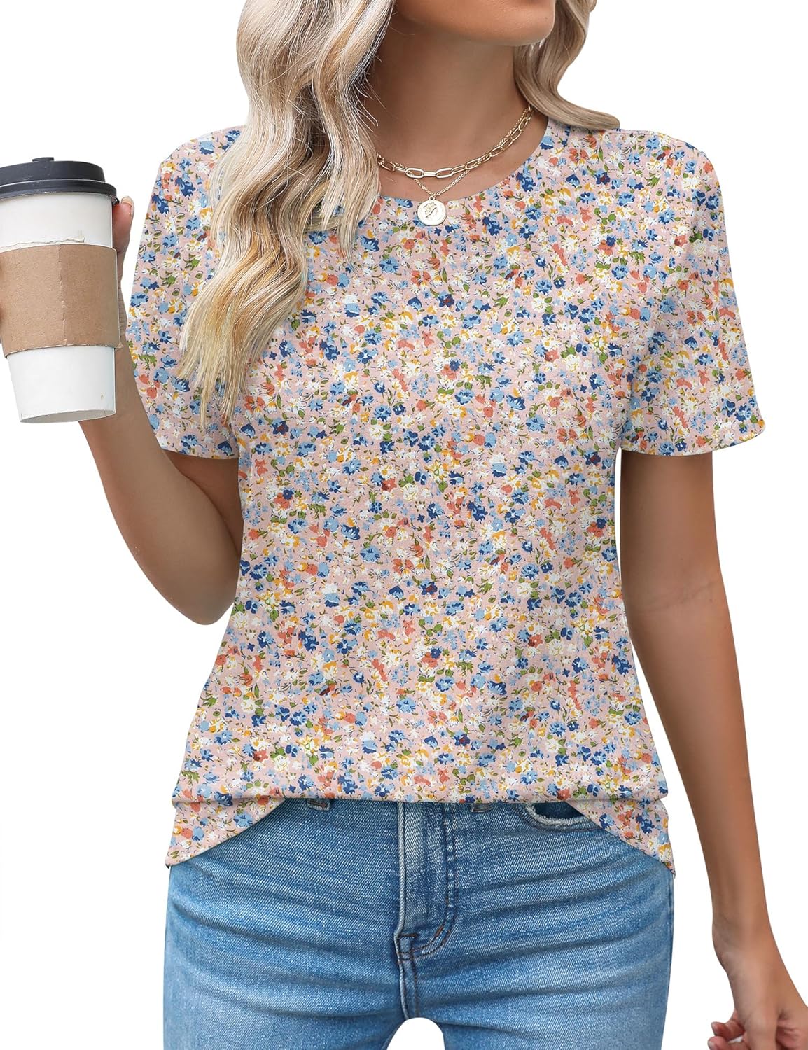Rapbin Womens Casual Short Sleeve T-Shirts Crew Neck Pleated Tops Fashion Dressy Tunic Blouses