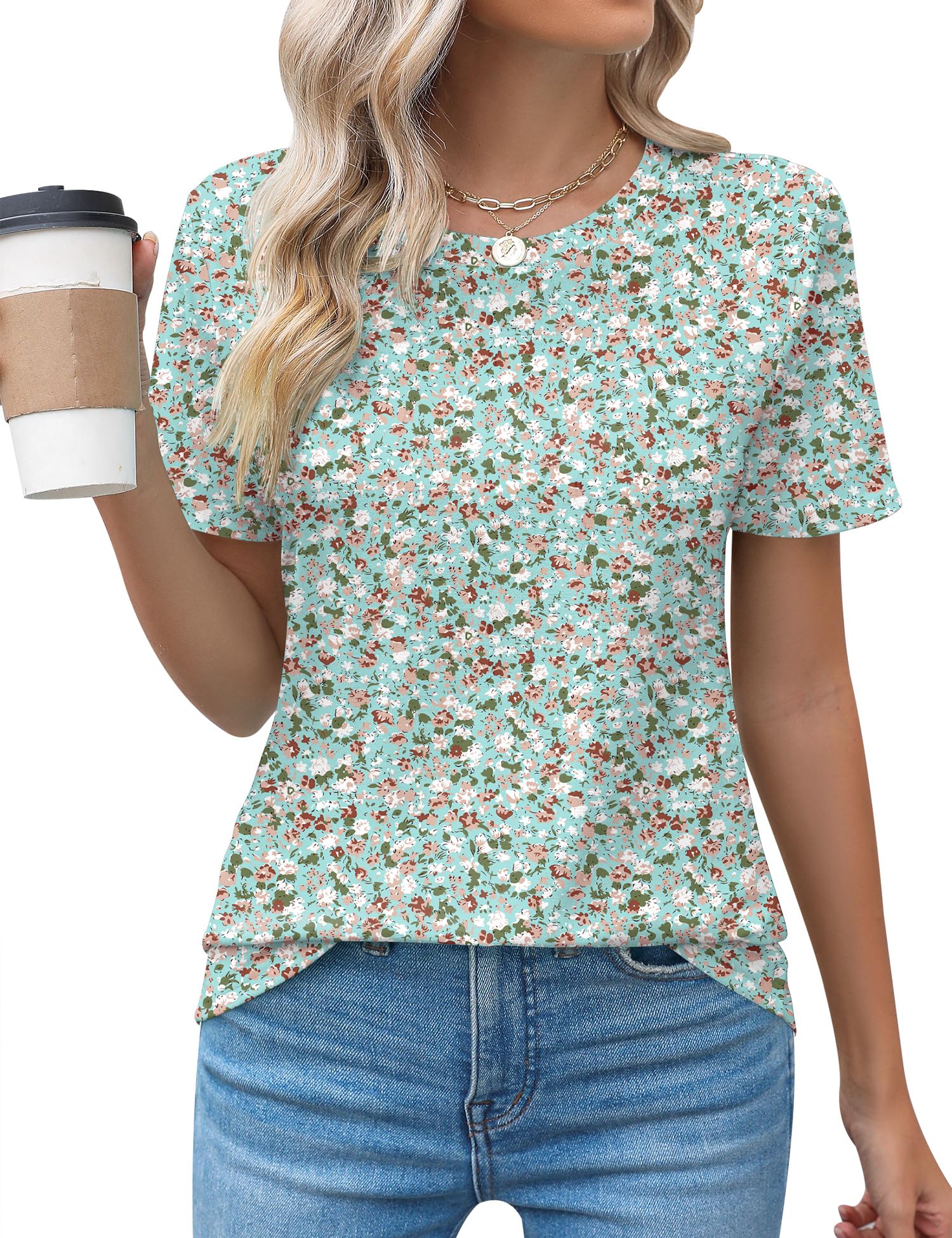 Rapbin Womens Casual Short Sleeve T-Shirts Crew Neck Pleated Tops Fashion Dressy Tunic Blouses